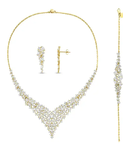 14 Ayar Işıltılı Tasarım Gerdanlık Bileklik Küpe Düğün Altın Set