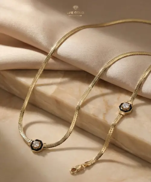 Siyah Mine ve Tektaş Detaylı Altın Zincir Kolye Seti